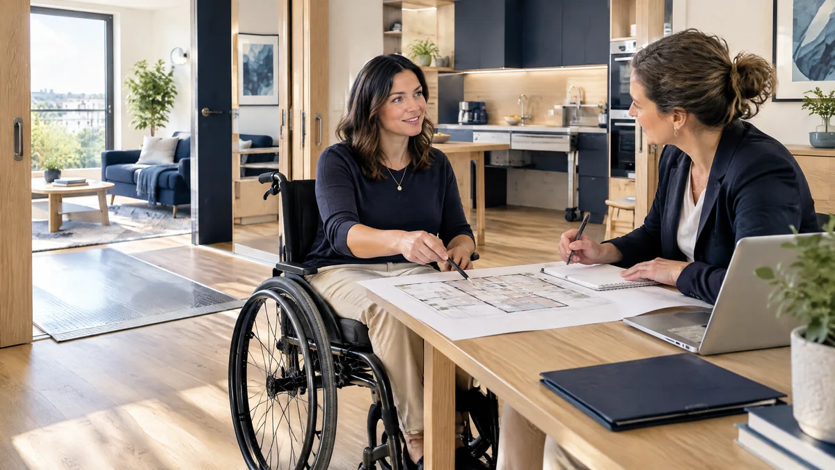Personne en fauteuil construisant son projet d’accessibilité avec une professionnelle
